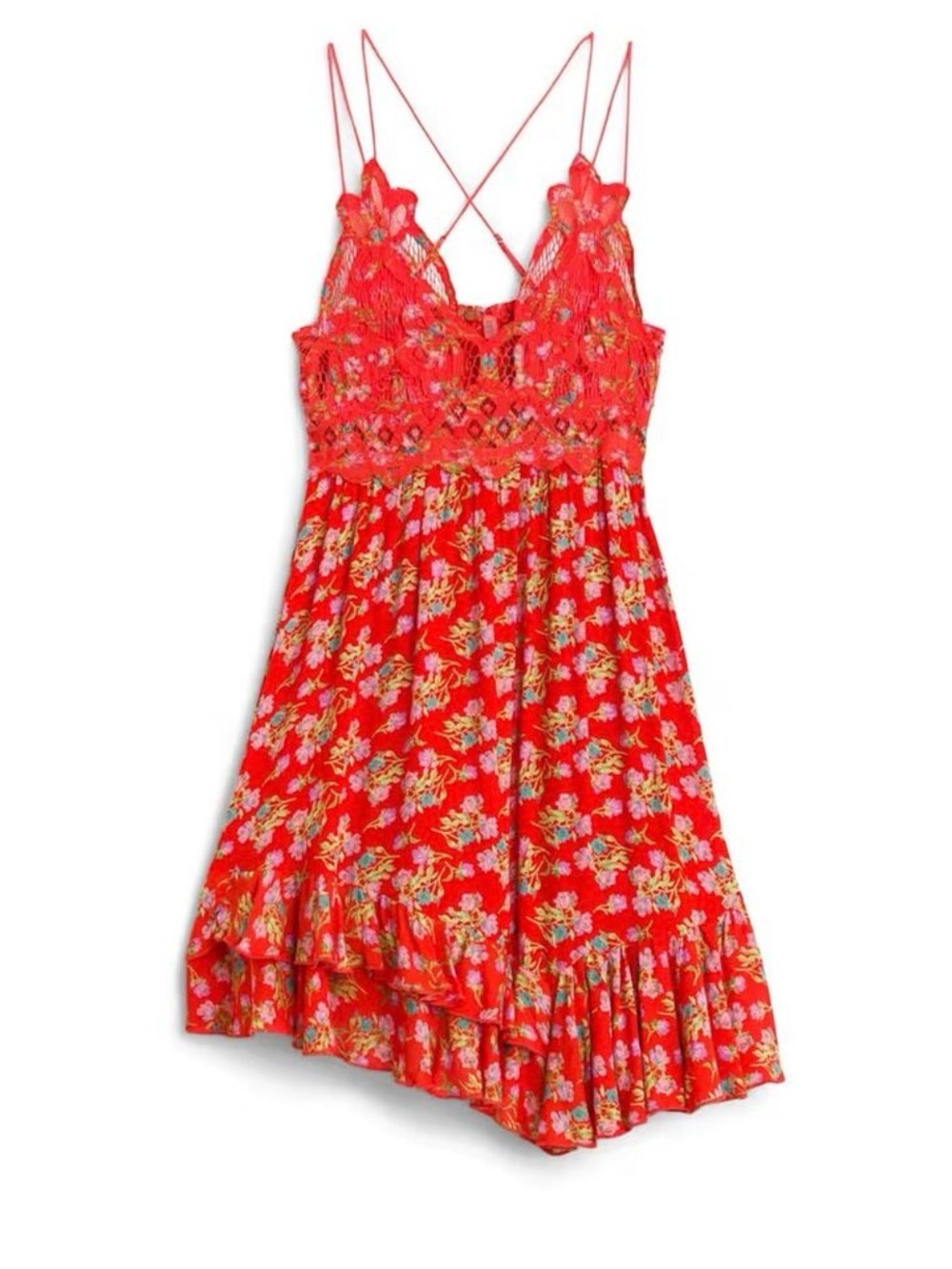 Free People Red Floral Smocked Sundress with Crisscross Straps